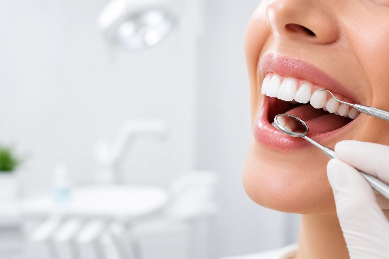 Close-up of a patient's bright, healthy smile being examined by a dentist with a mirror in a clean, modern clinic